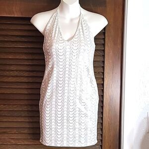 Shein White & Silver Shiny Mini-Dress,  Backless, Size Small,  NWT  (Prom)